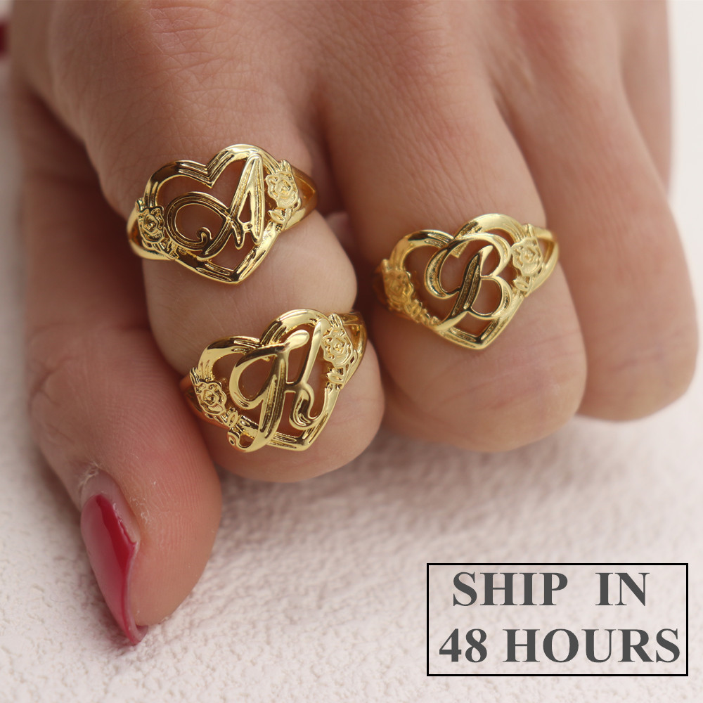 Wedding Z - Gold ส่วนบุคคลเริ่มต้นหัวใจปรับแหวนแฟชั่นสำหรับผู้หญิงเครื่องประดับที่กำหนดเอง A-Z Letter แหวนดอกไม้ Hadiah