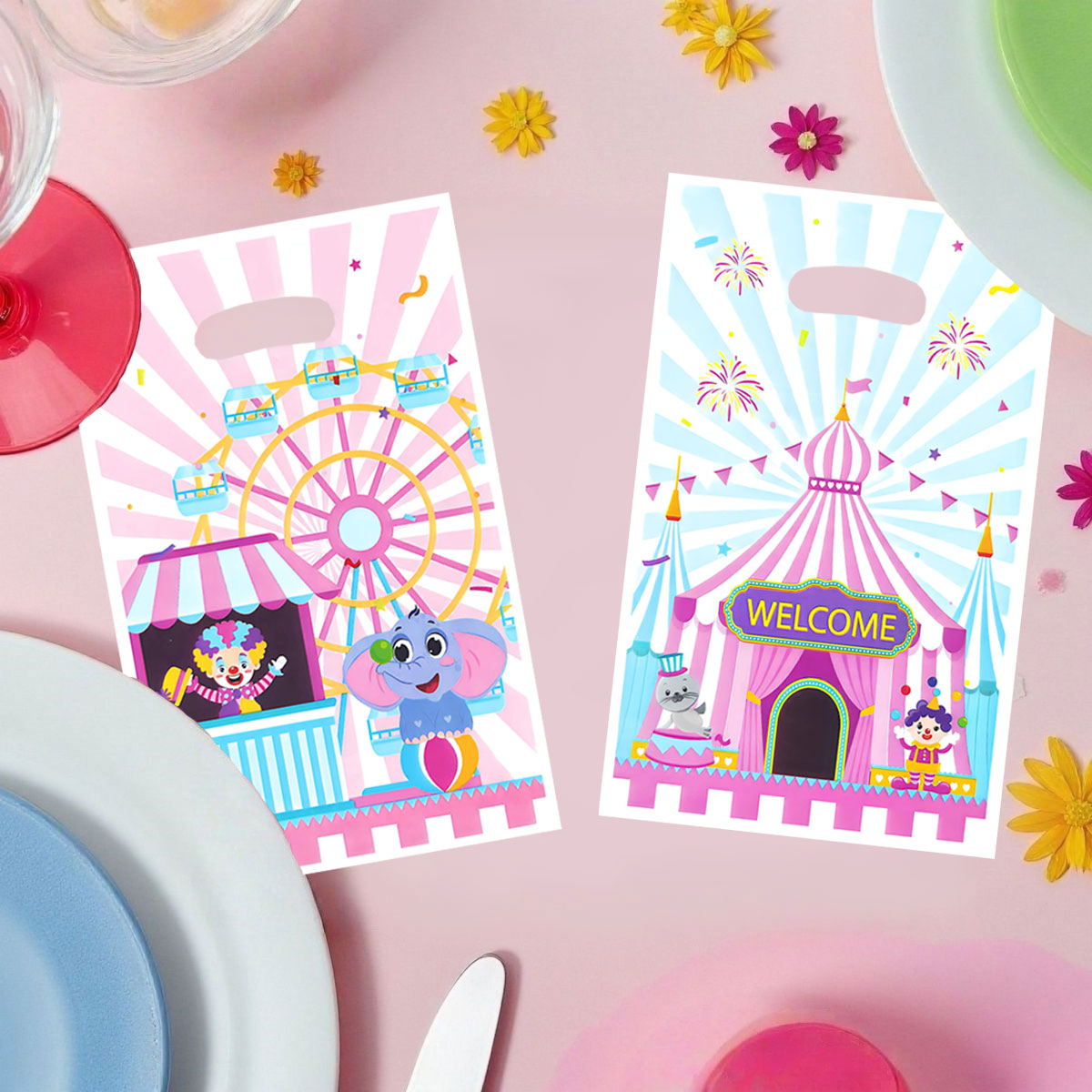 Wedding/Event Supply Store - ถุงของขวัญสำหรับงานปาร์ตี้ 20 ชิ้น/40 ชิ้น ถุงของขวัญที่มีธีมสวนสนุกและละครสัตว์ พร้อมลายตัวตลกและช้าง