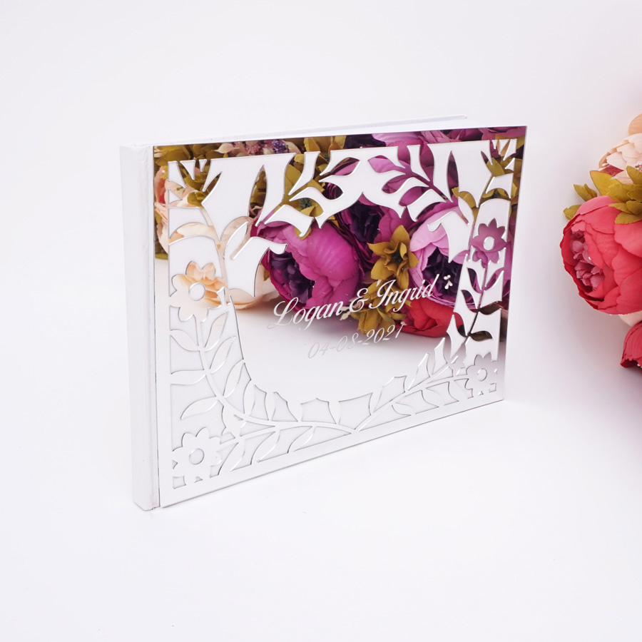 Personalized Guest Book - สมุดอวยพรงานแต่งงานอะคริลิคกระจกเงาลายดอกไม้หรูหรา พร้อมชื่อและวันที่ส่วนตัว อัลบั้มลายเซ็น ขนาด 25x18 ซม.