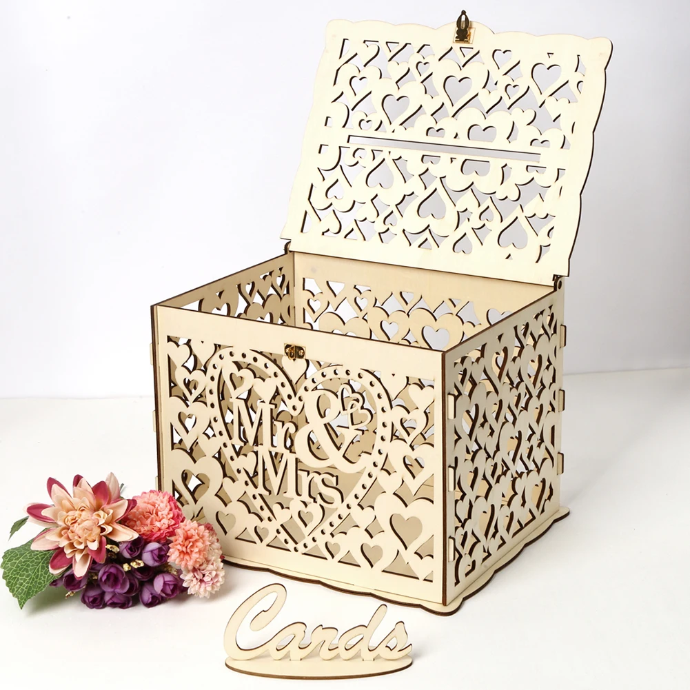 Wedding Sutra - กล่องไม้ใส่การ์ดงานแต่งงานไม้อุปกรณ์ของตกแต่งงานแต่งงานงานประดิษฐ์ทำมือ MR & MRS ดอกไม้คู่การ์ดซองจดหมายลายกล่องไม้