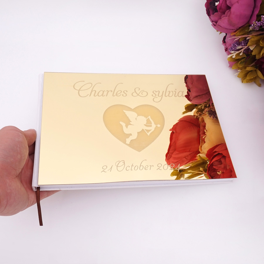 Personalized Guest Book - สมุดอวยพรงานแต่งงานแบบกำหนดเอง ปกอะคริลิคกระจก 9 แบบ พร้อมสลักชื่อ วันที่