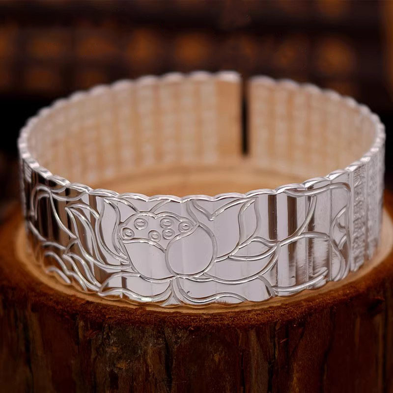 Wedding Sutra - สร้อยข้อมือดอกบัวแวววาวสำหรับแฟชั่นสำหรับผู้หญิงเงิน925เสน่ห์คลาสสิกกำไลพระสูตรหัวใจกว้างเครื่องประดับงานเลี้ยงแบบเปิด