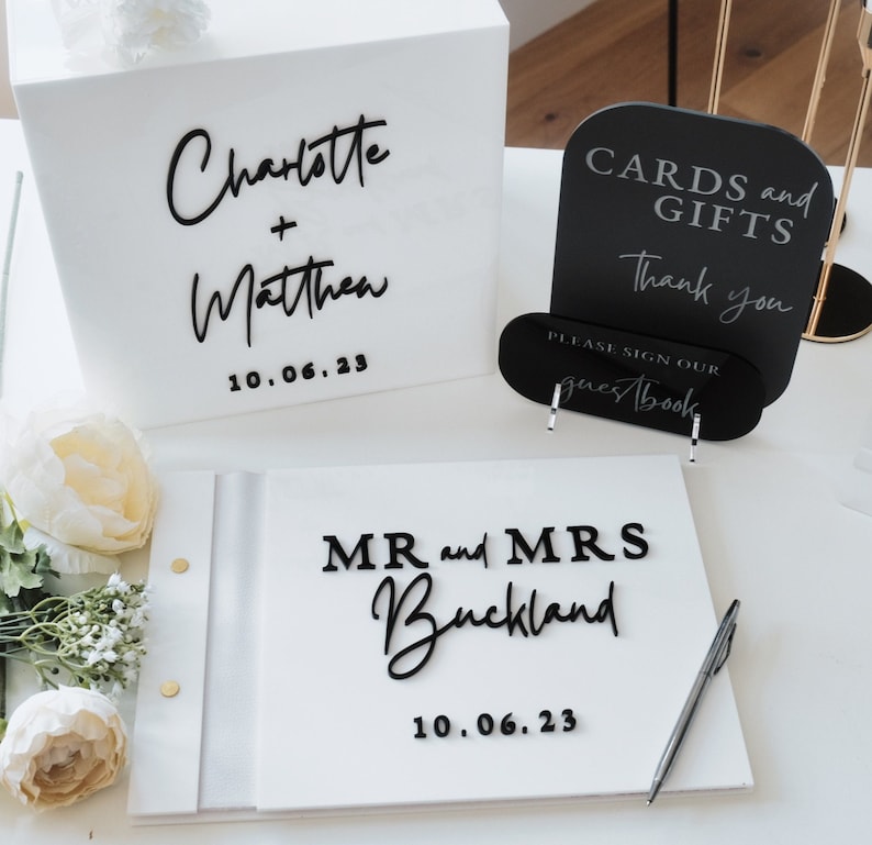 Personalized Guest Book - กล่องการ์ดสีขาวสำหรับงานแต่งงาน 3 มิติ แบบกำหนดเองได้ สมุดอวยพรงานแต่งงานสีใดก็ได้ การ์ดและของขวัญที่ออกแบบเองสำหรับตกแต่งงานแต่งงาน
