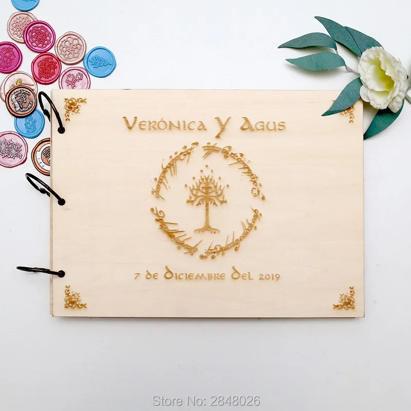 Personalized Guest Book - หนังสือแขกงานแต่งงานส่วนบุคคลแบบชนบท, ลอร์ดออฟเดอะริงส์ที่กําหนดเองสมุดเยี่ยมงานแต่งงานไม้, อัลบั้มภาพที่หรูหราส่วนบุคคล