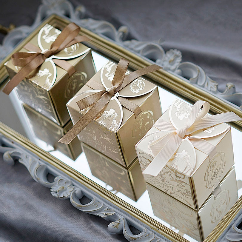 Wedding Favor Box - กล่องของขวัญกระดาษสี่เหลี่ยมพร้อมริบบิ้นกล่องของชำร่วยงานแต่งงานเจ้าสาวฝักบัวทารกงานเลี้ยงวันเกิดแชมเปญสีเงินพรีเมี่ยม
