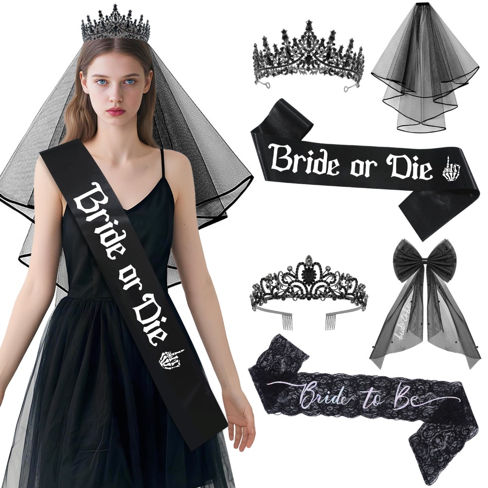 Bride Tribe Sash - ชุดอุปกรณ์ตกแต่งงานปาร์ตี้สละโสดสไตล์โกธิคสีดำ 3 ชิ้น ประกอบด้วยสายสะพาย ผ้าคลุมผม และมงกุฎ